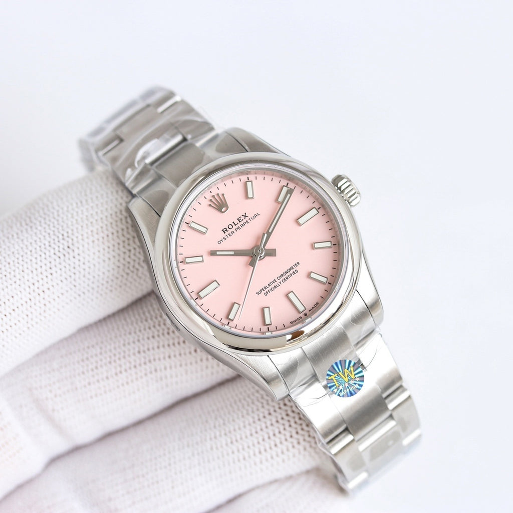 Rolex Oyster Perpetual watch with pink dial and stainless steel bracelet