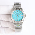 Rolex Oyster Perpetual watch with turquoise dial and stainless steel bracelet