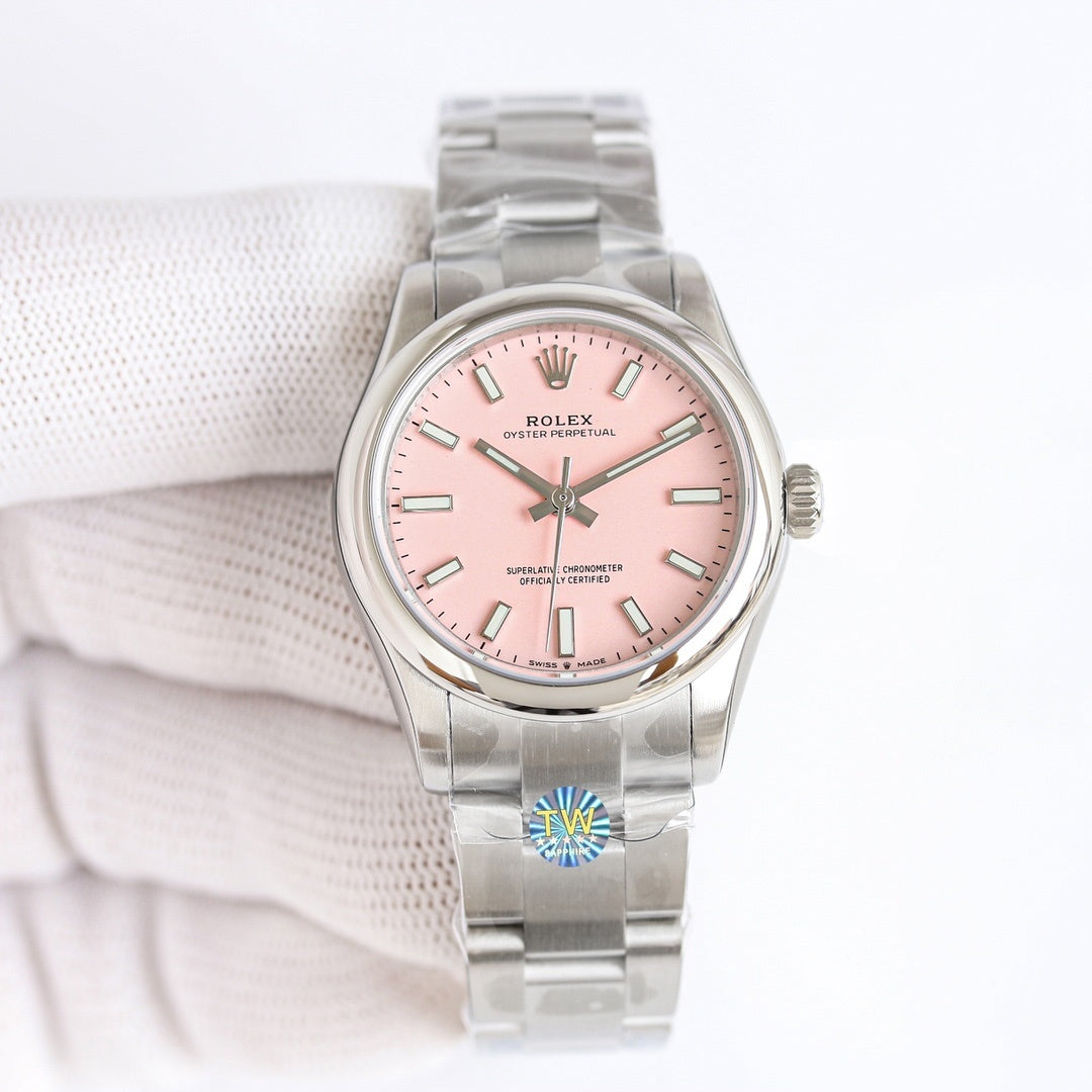 Rolex Oyster Perpetual watch front view with pink dial and stainless steel bracelet