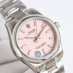 Rolex Oyster Perpetual watch close-up, pink dial on stainless steel case