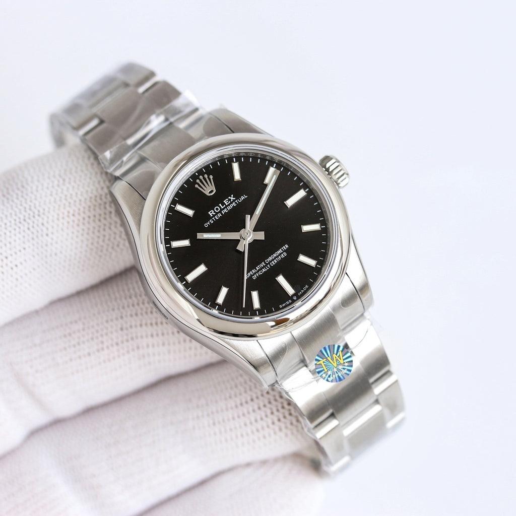 Rolex watch with black dial, silver baton markers and metal bracelet