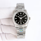 Rolex watch with black dial, silver crown logo, and stainless steel bracelet
