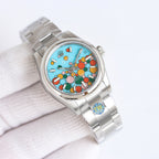 Rolex watch with turquoise dial and colorful abstract numerals, silver metal bracelet