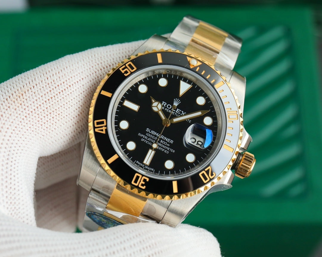 Rolex watch front view with black dial, gold bezel accents, and two-tone metal bracelet