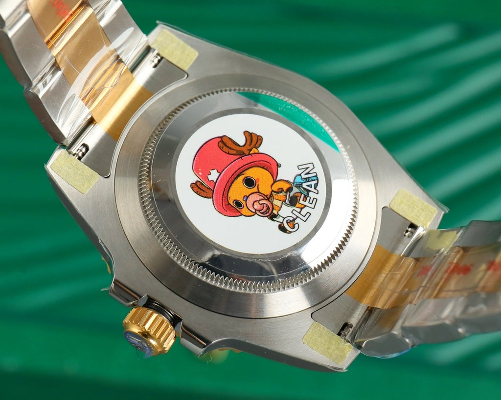 Rolex watch caseback with stainless steel back and colorful cartoon emblem
