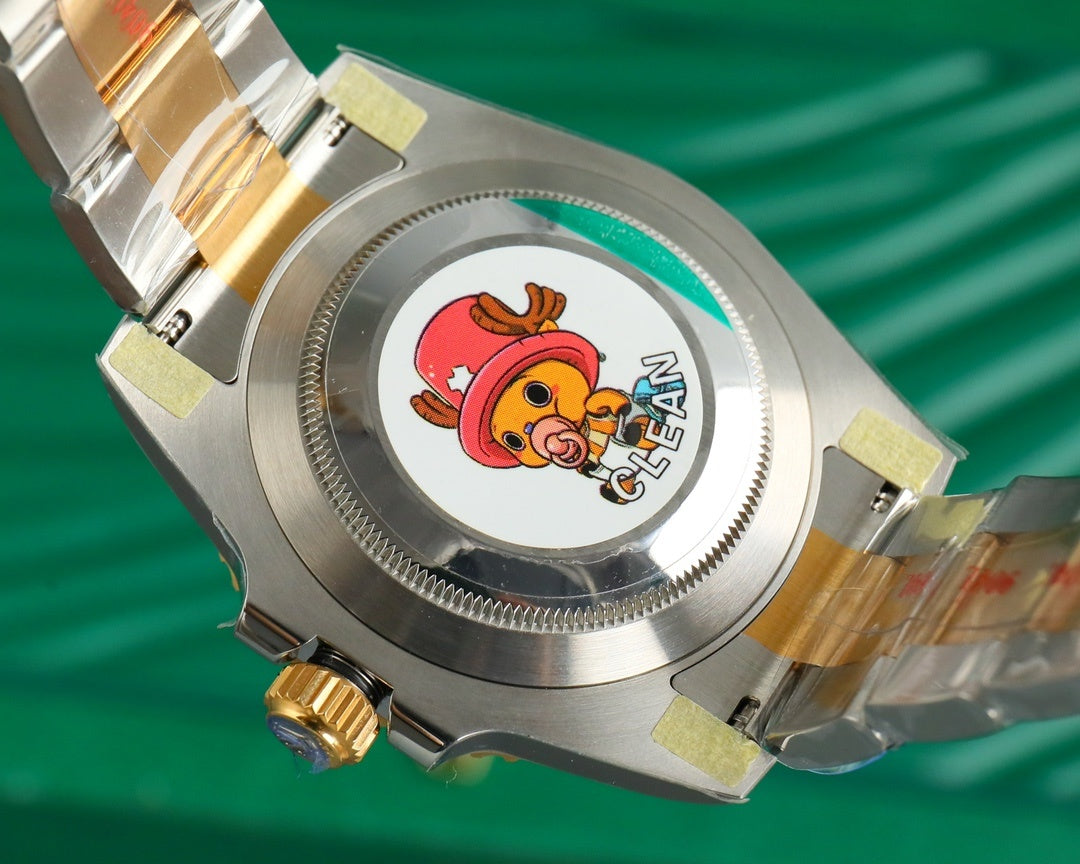 Rolex watch caseback with stainless steel back and colorful cartoon emblem