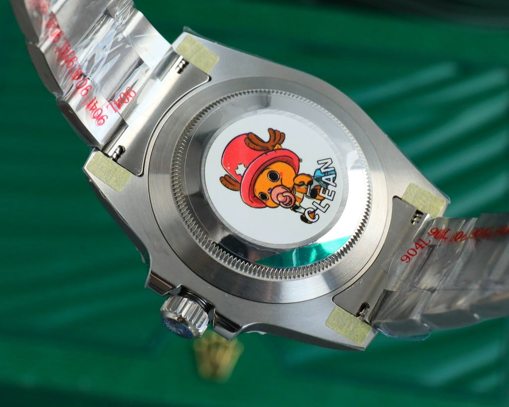 Stainless steel wristwatch caseback with circular logo and crown, side view
