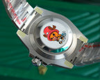 Stainless steel wristwatch caseback with circular logo and crown, side view