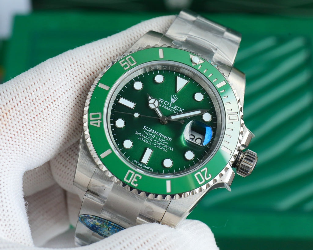 Rolex Submariner green dial stainless steel wristwatch angled, highlighting bezel markings