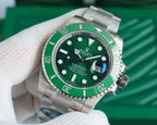 Rolex Submariner green dial stainless steel wristwatch angled, highlighting bezel markings