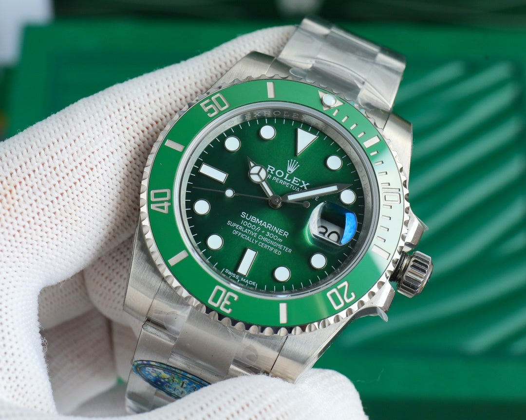 Rolex Submariner green dial stainless steel wristwatch angled, highlighting bezel markings