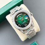 Rolex watch with green dial, diamond bezel, and stainless steel bracelet