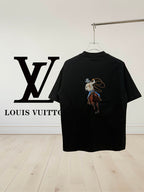 Black crewneck T-shirt with embroidered rider graphic on back
