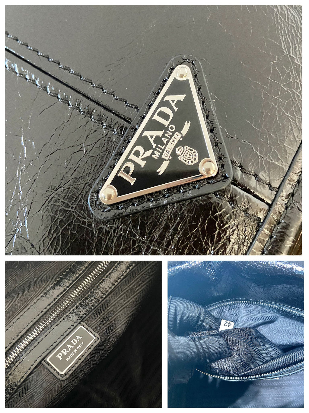 Prada triangle logo patch on dark leather; close-up zippers and interior labels