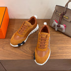 Hermes unisex sneakers tan suede, lace-up design with white sole and textured grip