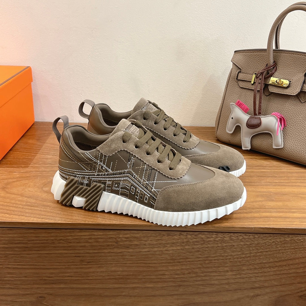 Hermes unisex sneakers in olive suede with textured trim and white chunky sole