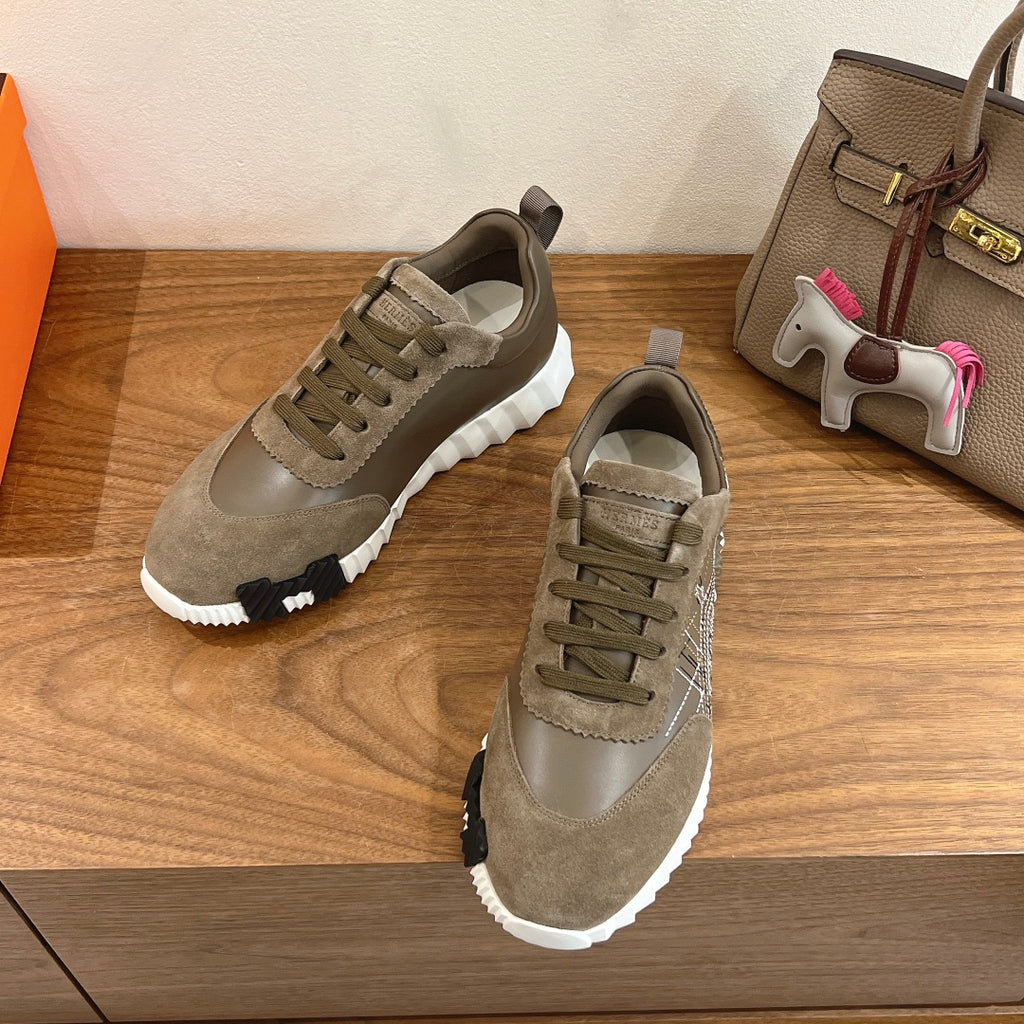 Hermes unisex lace-up sneakers in olive suede with cushioned collar and white sole