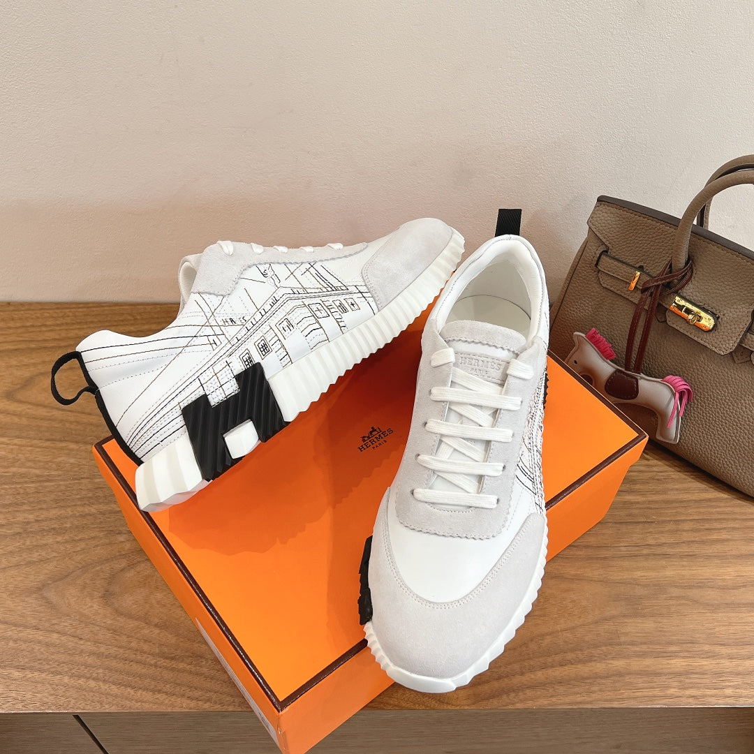 Hermes unisex sneakers, white with black logo-style accents and white laces