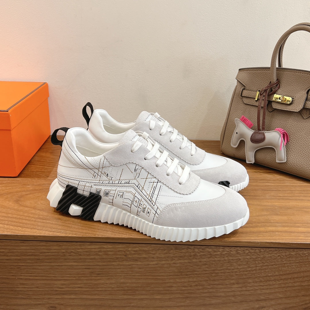 Hermes unisex sneakers, white with black graphic panels and chunky rubber sole