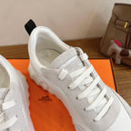 Hermes unisex sneakers, white leather with light gray suede panel and lace-up