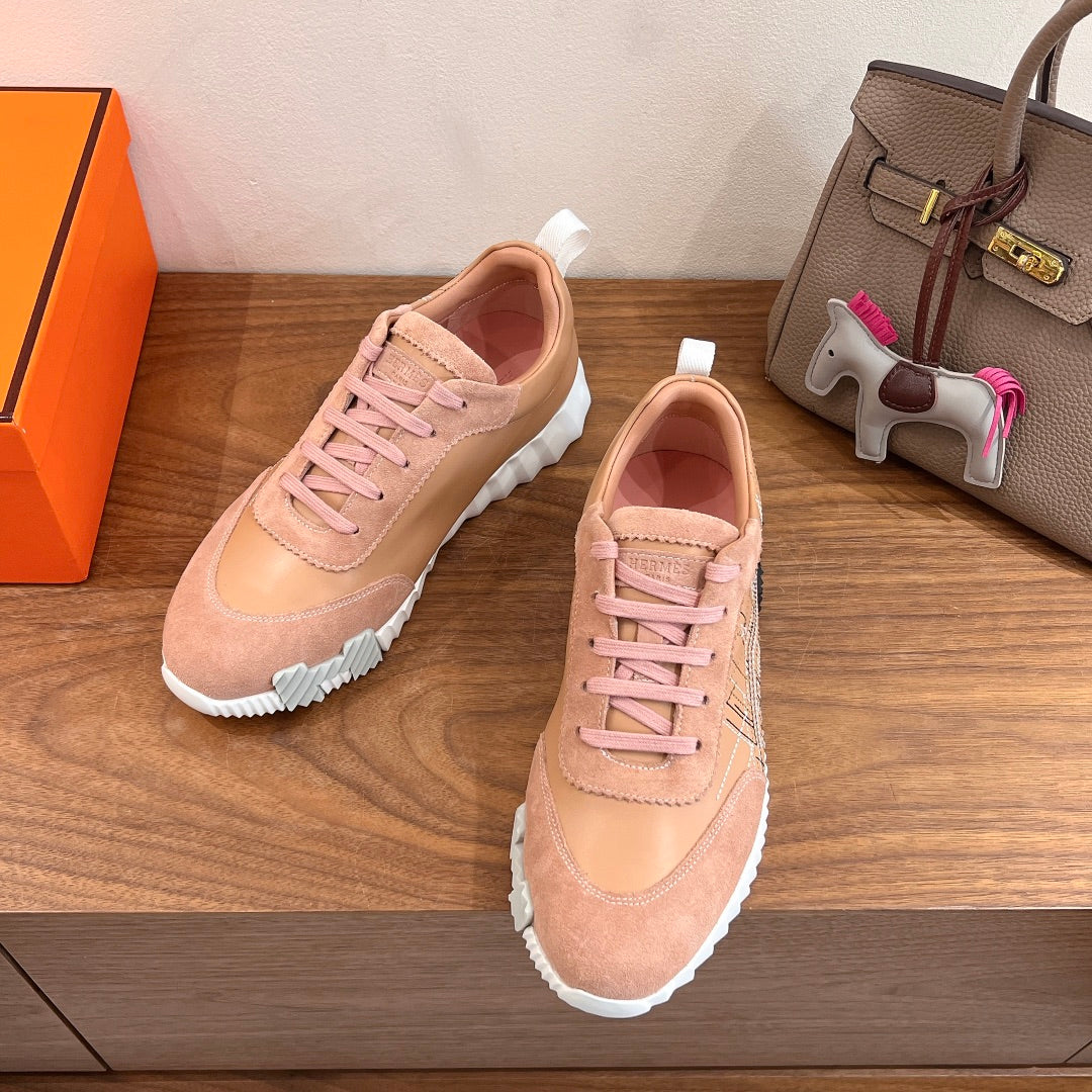 Hermes unisex sneakers, light pink suede upper with pink laces and white sole