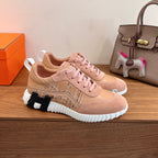 Hermes unisex sneakers in light pink suede with pink laces and white rubber outsole