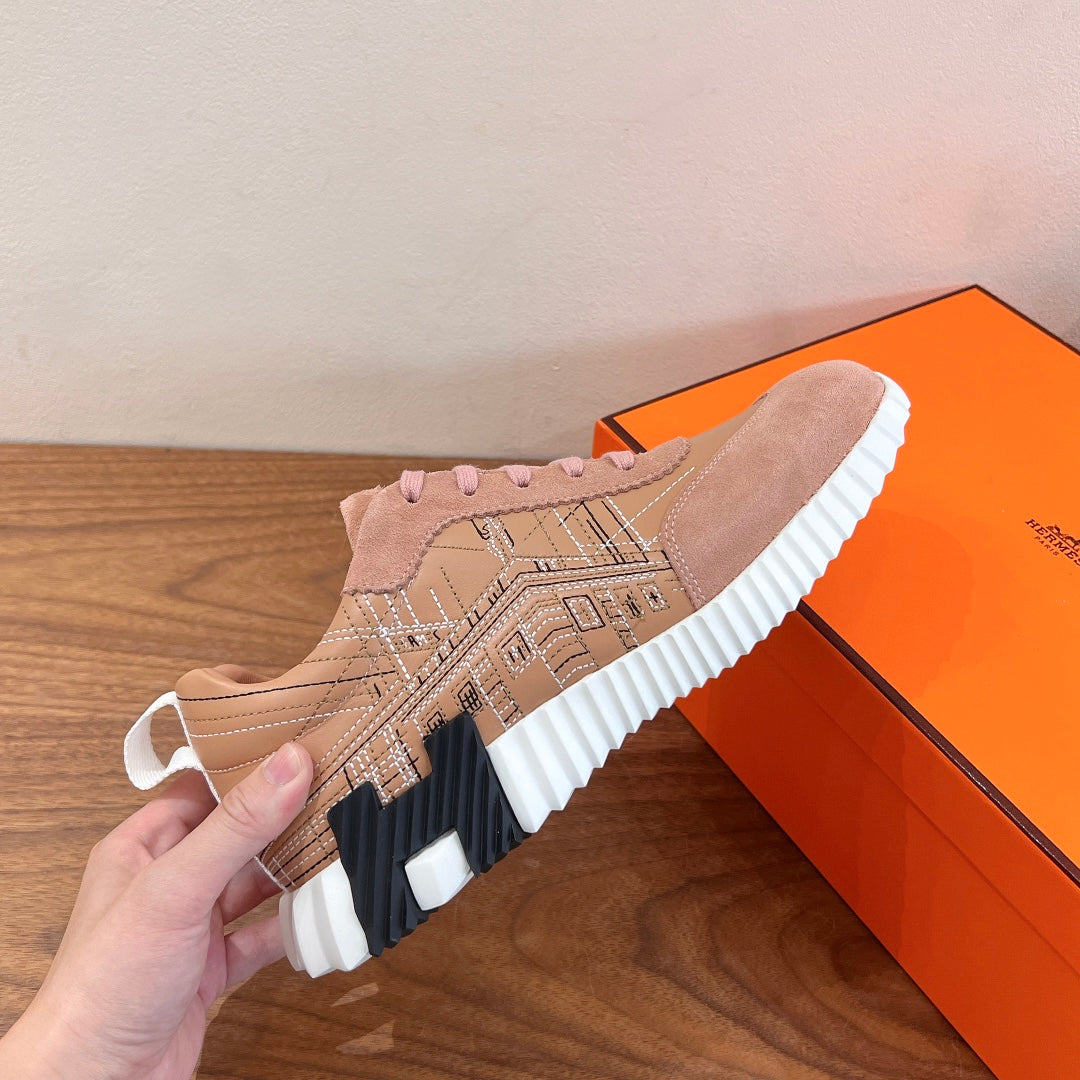 Hermes unisex sneaker, light pink suede with patterned side detail and white sole