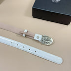 White leather belt strap with punched holes and engraved silver buckle plate