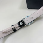 Chrome belt back view: dark buckle hardware on light strap with metal rivets and holes