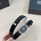 Chrome belt on display with glossy dark strap and ornate silver oval buckle with rosette