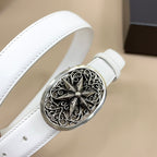White leather belt with large oval ornate silver buckle detail and center pin