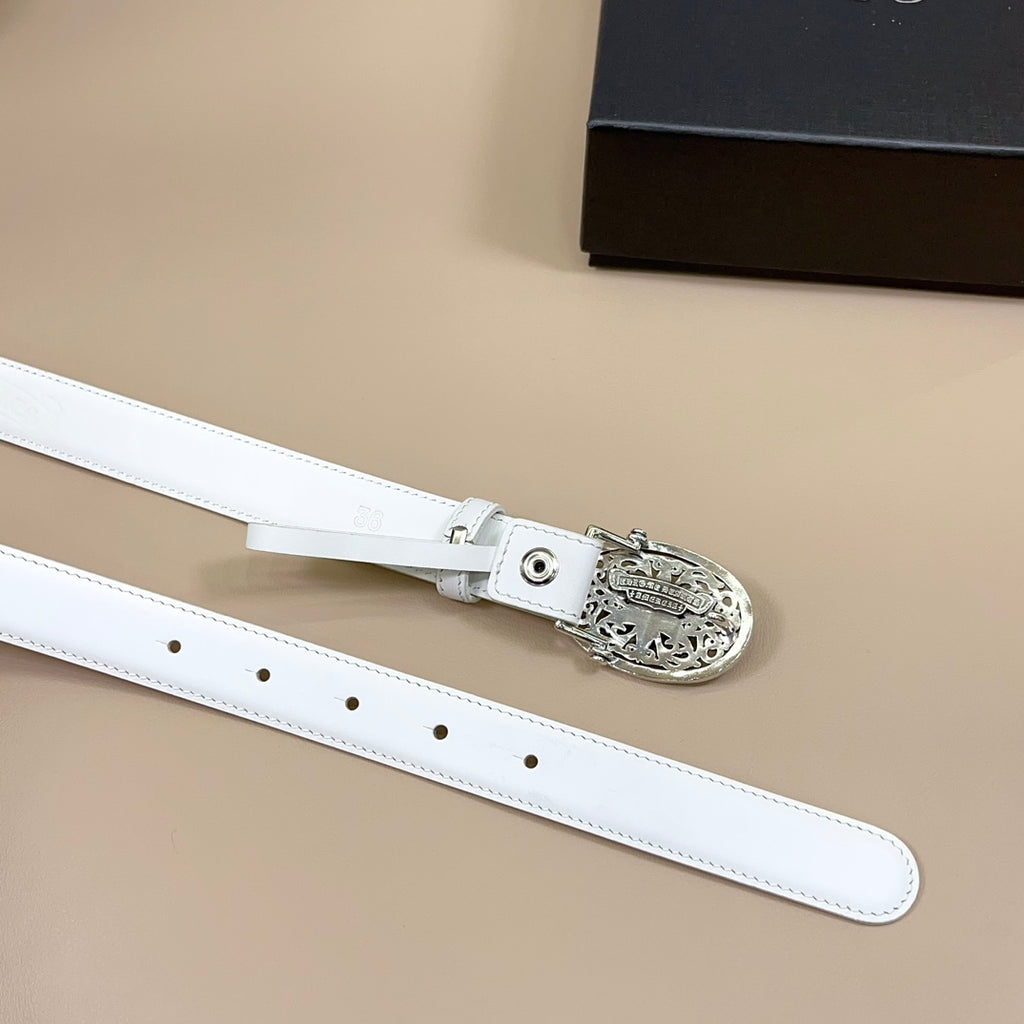White leather belt with silver buckle hardware, eyelet holes, and strap keeper
