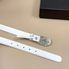 White leather belt with silver buckle hardware, eyelet holes, and strap keeper