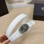 White leather belt with oval ornate silver buckle and adjustable strap end