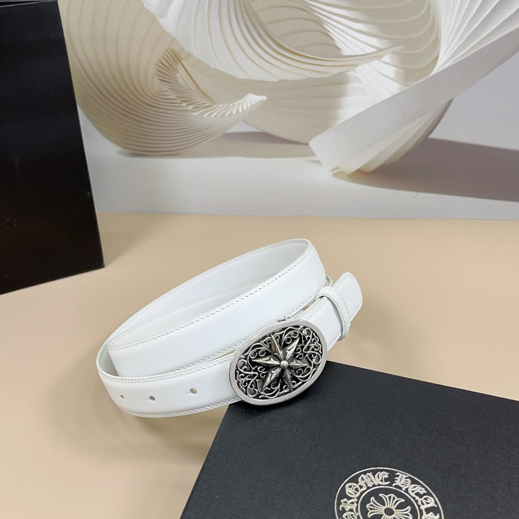 White leather belt with oval ornate silver buckle and stitched strap edge