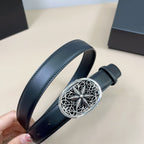 Navy leather belt with silver filigree oval buckle and side keeper tab