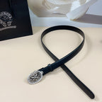 Navy leather belt laid flat with silver ornate oval buckle and keeper