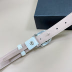 Pale pink belt with light blue keeper strap and ornate chrome oval buckle