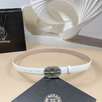 Chrome-finish oval-buckle belt with glossy white strap and ornate filigree center