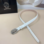 Light blue glossy belt with ornate chrome oval buckle and double-loop strap end