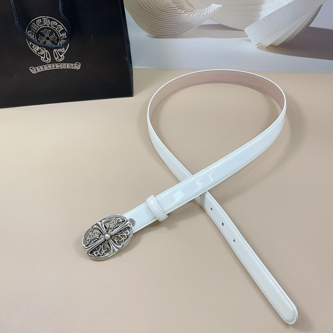 Light blue glossy belt with ornate chrome oval buckle and double-loop strap end