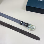 Dark brown leather belt with silver oval buckle, laid flat with visible adjustment holes.