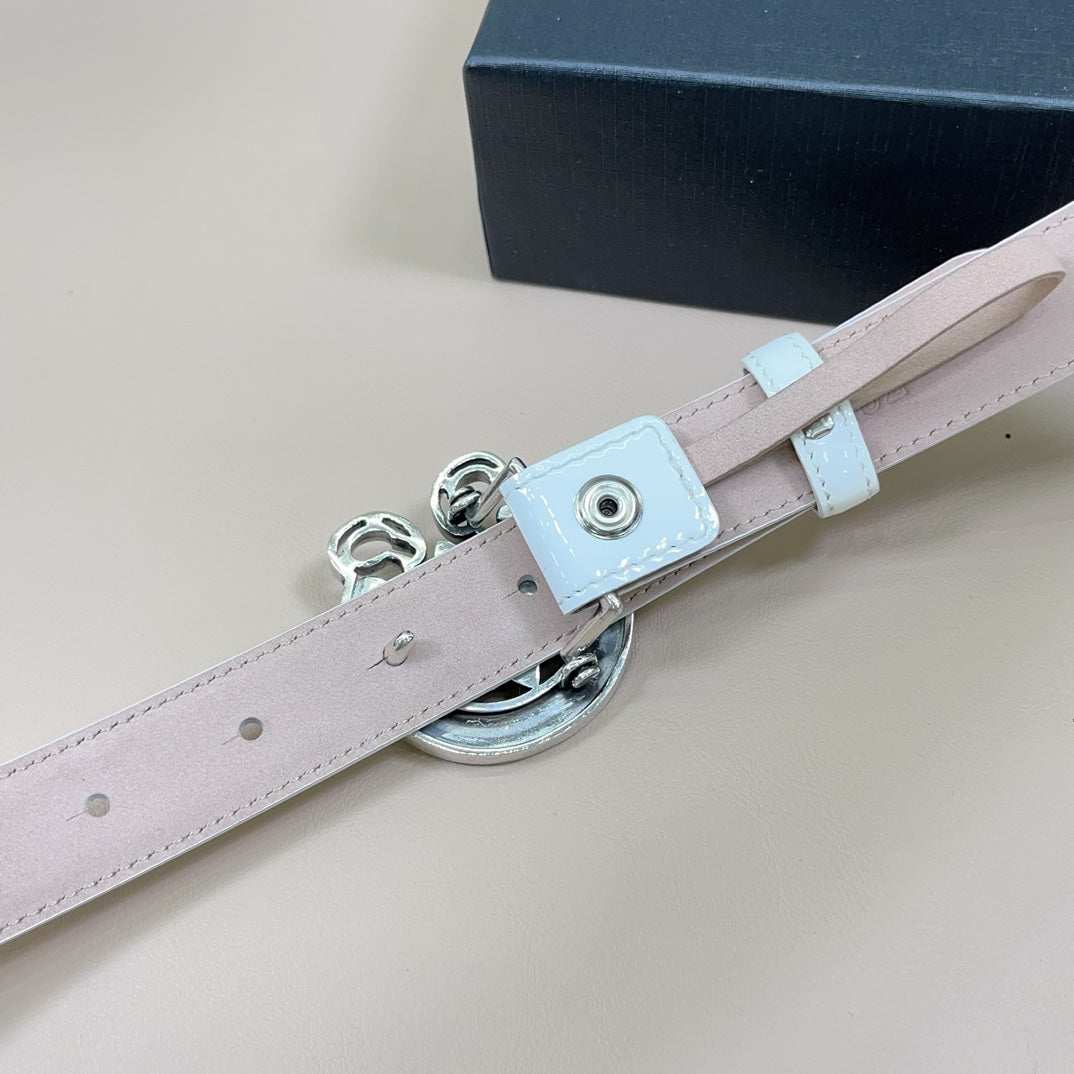 Light pink belt with silver buckle hardware and square snap-style connector