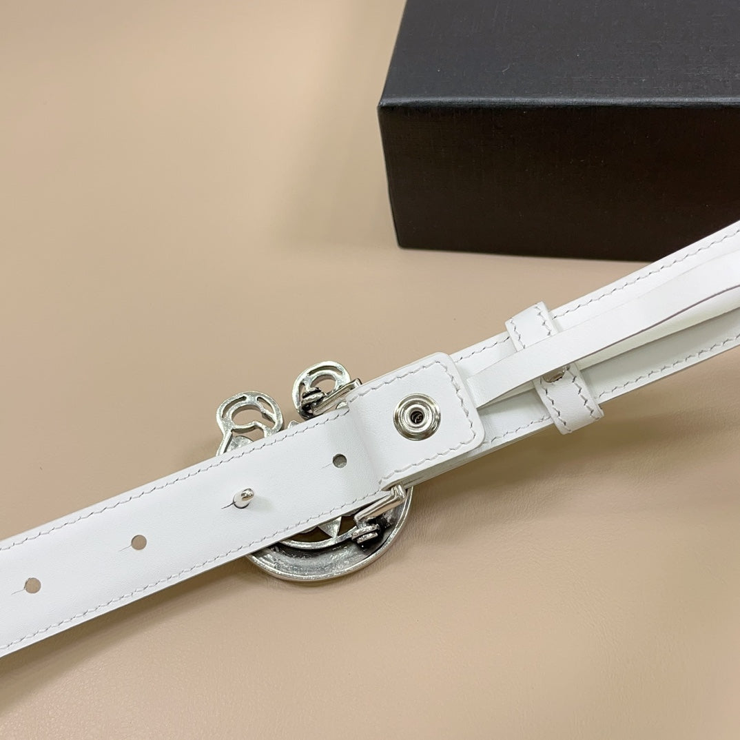 White belt with metal pin buckle hardware and back keeper clasp