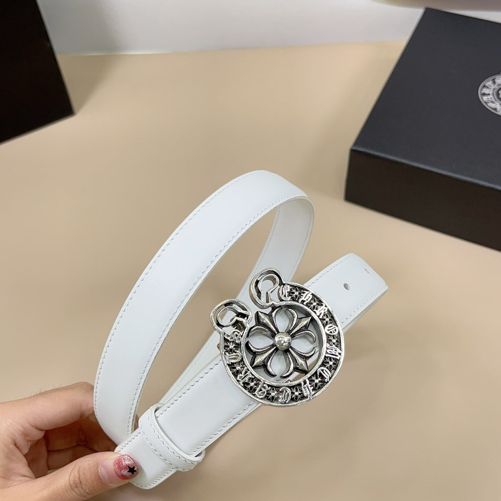 White leather belt with round silver buckle and adjustable metal pin hole