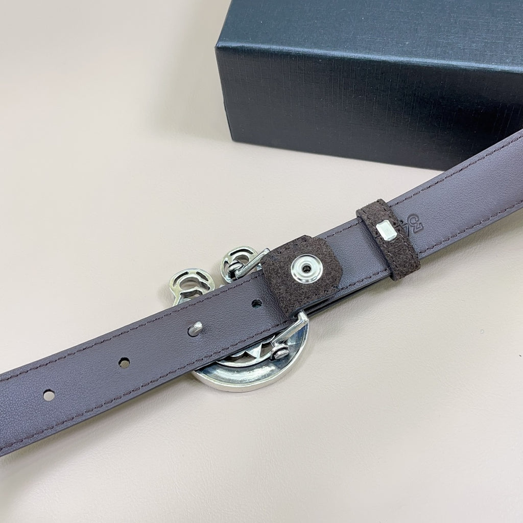 Light gray-blue belt with silver buckle and prong closure