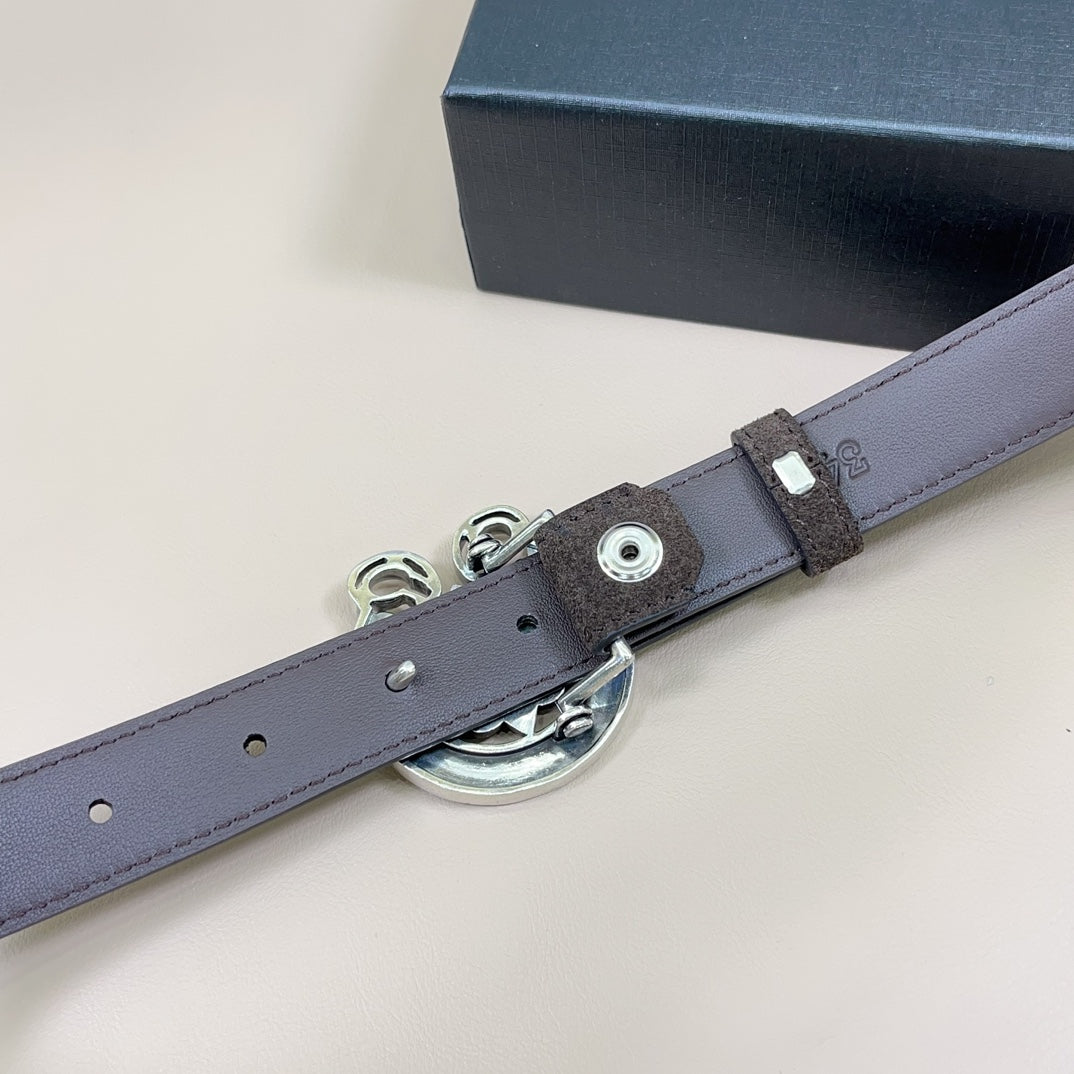 Light gray-blue belt with silver buckle and prong closure