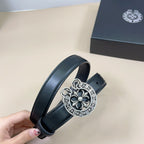 Dark leather belt with silver-tone round heart buckle and perforated strap end