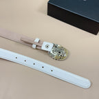 Light blue leather belt with silver-tone metal keeper and adjustable holes on strap