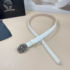 Light blue leather belt with ornate silver-tone buckle and long hanging strap ends